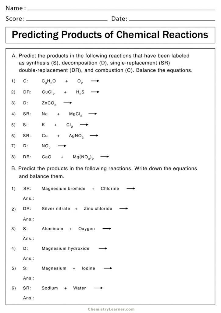 Types of Chemical Reactions Worksheets Free Printable