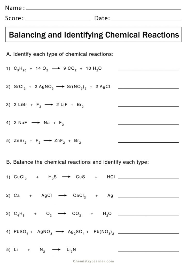 Types Of Chemical Reactions Worksheets Free Printable