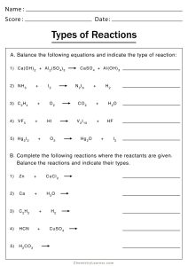 Types of Chemical Reactions Worksheets - Free Printable