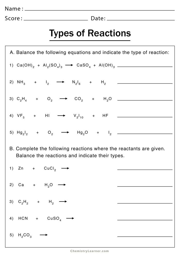 Types of Chemical Reactions Worksheets Free Printable