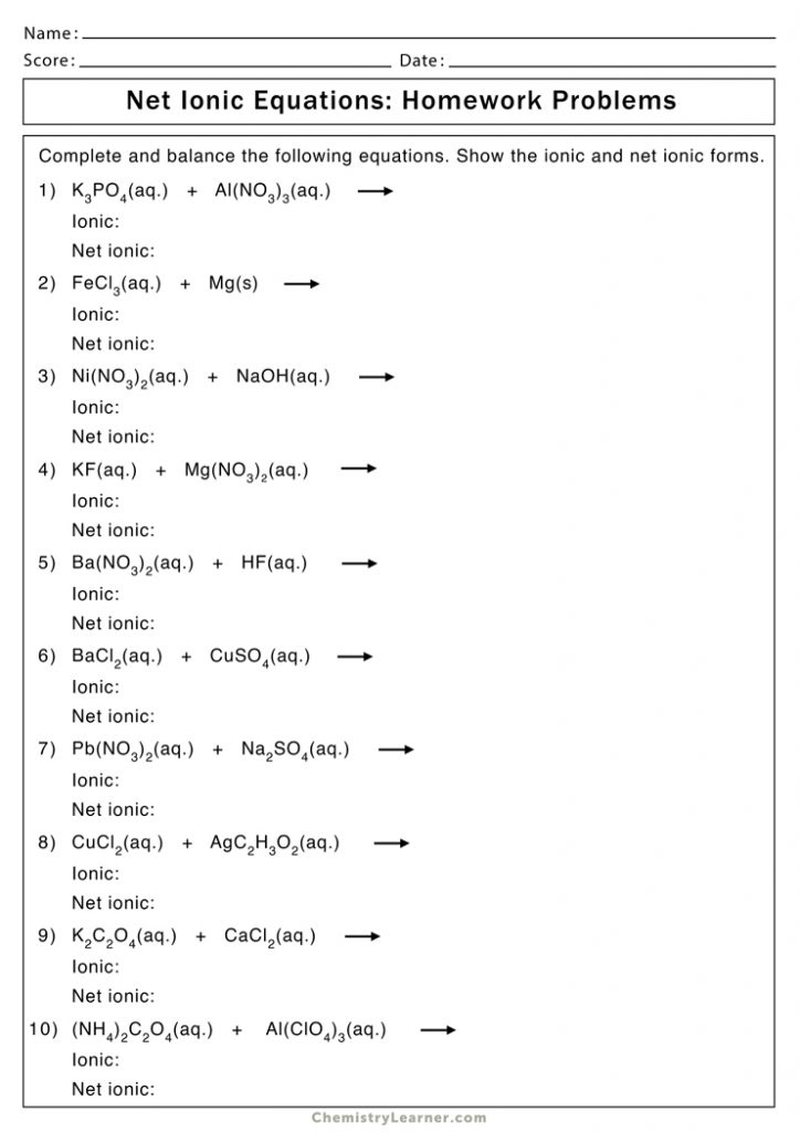 Net Ionic Equation Worksheets Free Printable