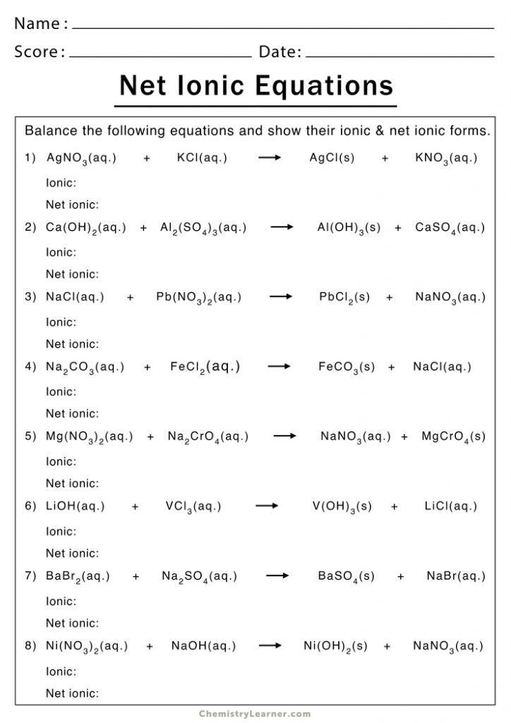 Net Ionic Equation Worksheets Free Printable