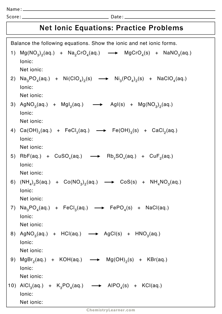 Net Ionic Reactions Worksheet Worksheets For Kindergarten