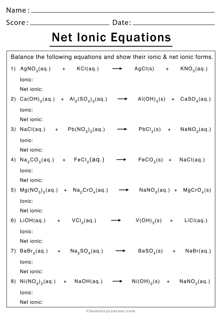 Net Ionic Equation Worksheets Free Printable