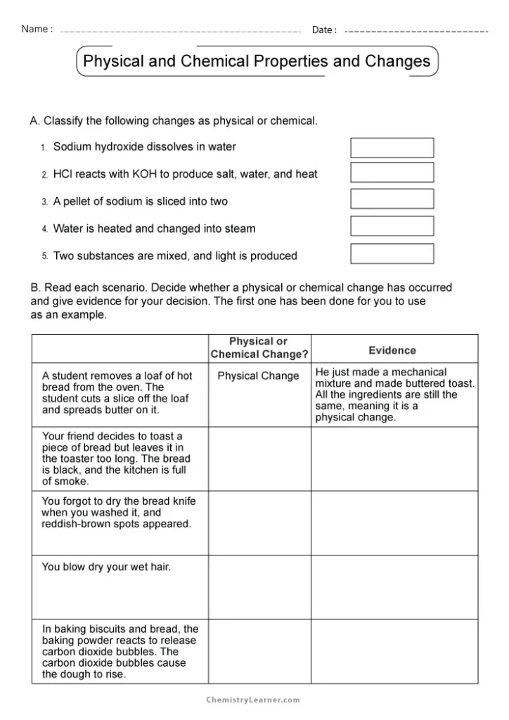 Free Printable Physical and Chemical Properties and Changes Worksheets