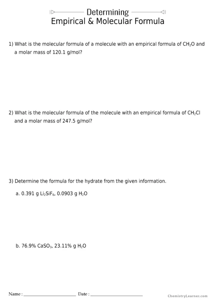 Determining Empirical and Molecular Formulas Worksheet with Answers