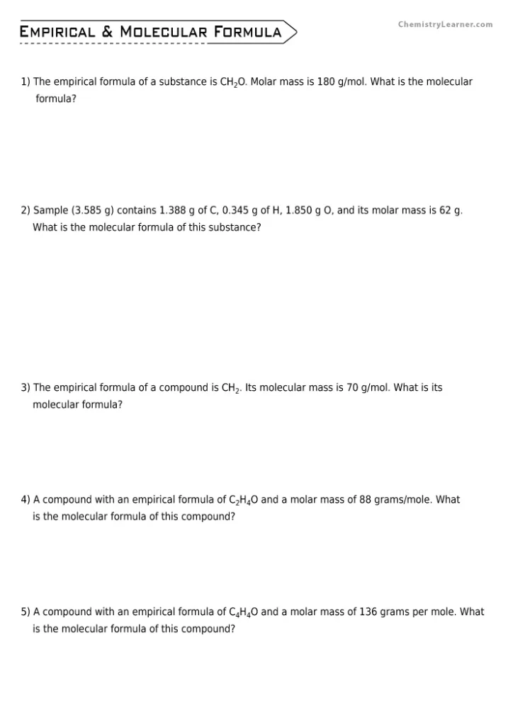 Empirical and Molecular Formula Worksheet with Answer Key