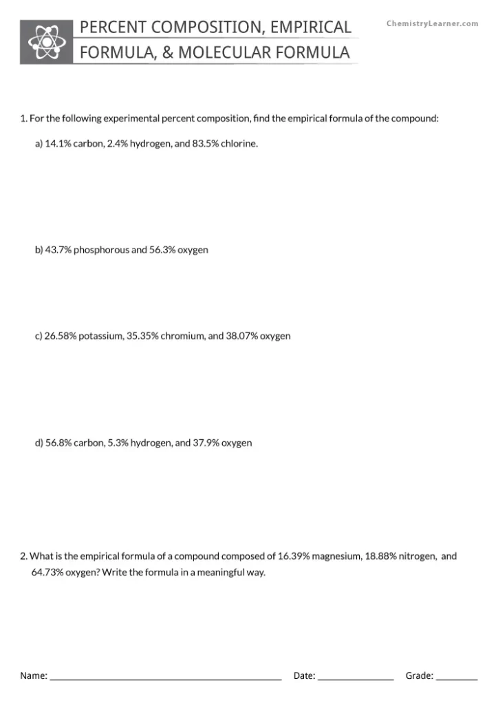 Percent Composition Empirical Formula and Molecular Formula Worksheet with Answers