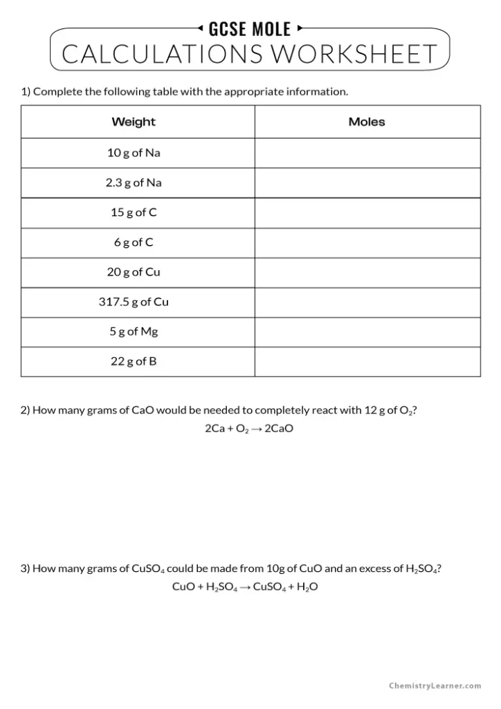 GCSE Mole Calculations Worksheet