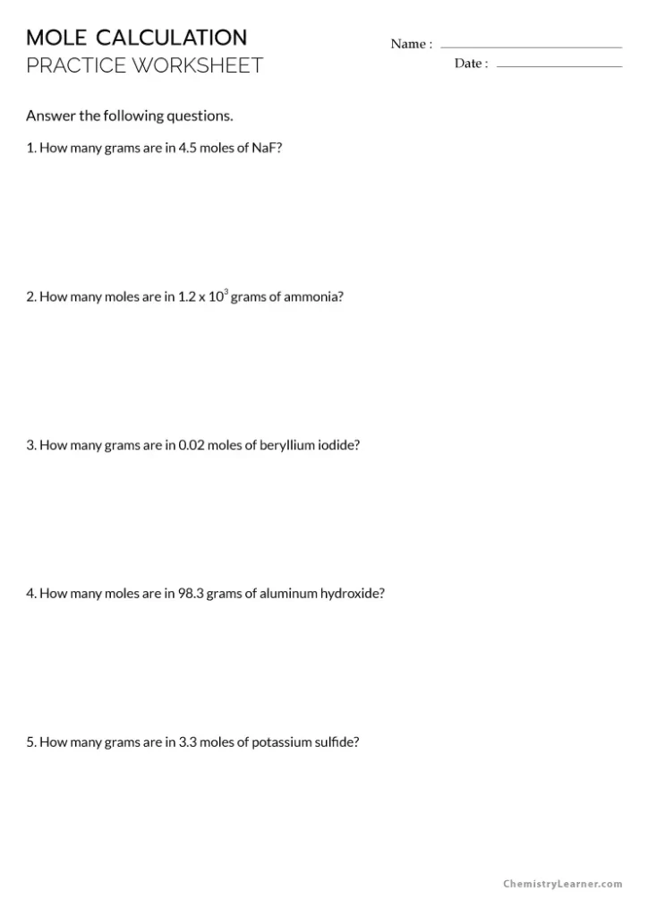 Mole Calculation Practice Worksheet