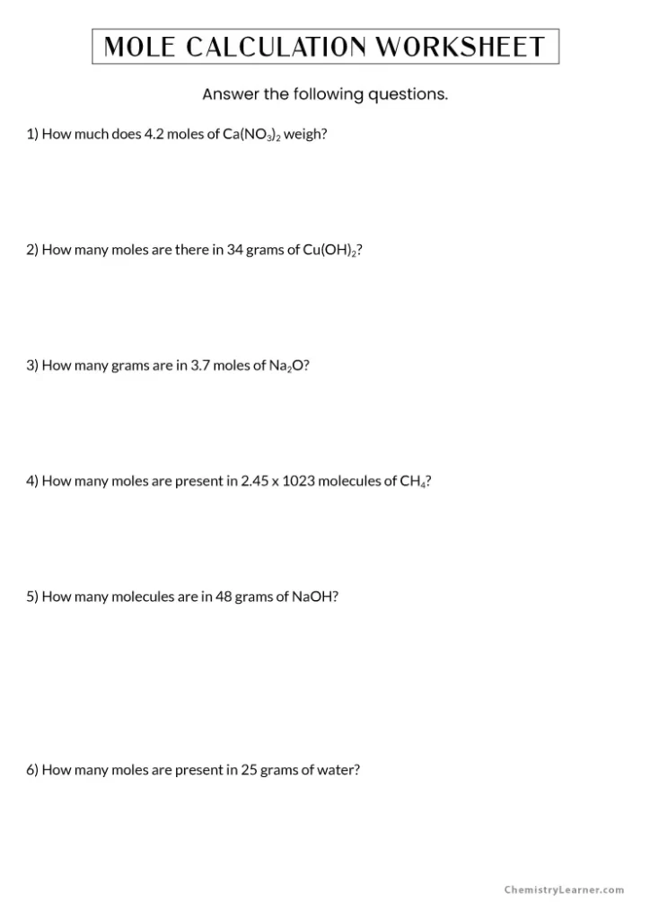 Mole Calculation Worksheet with Work