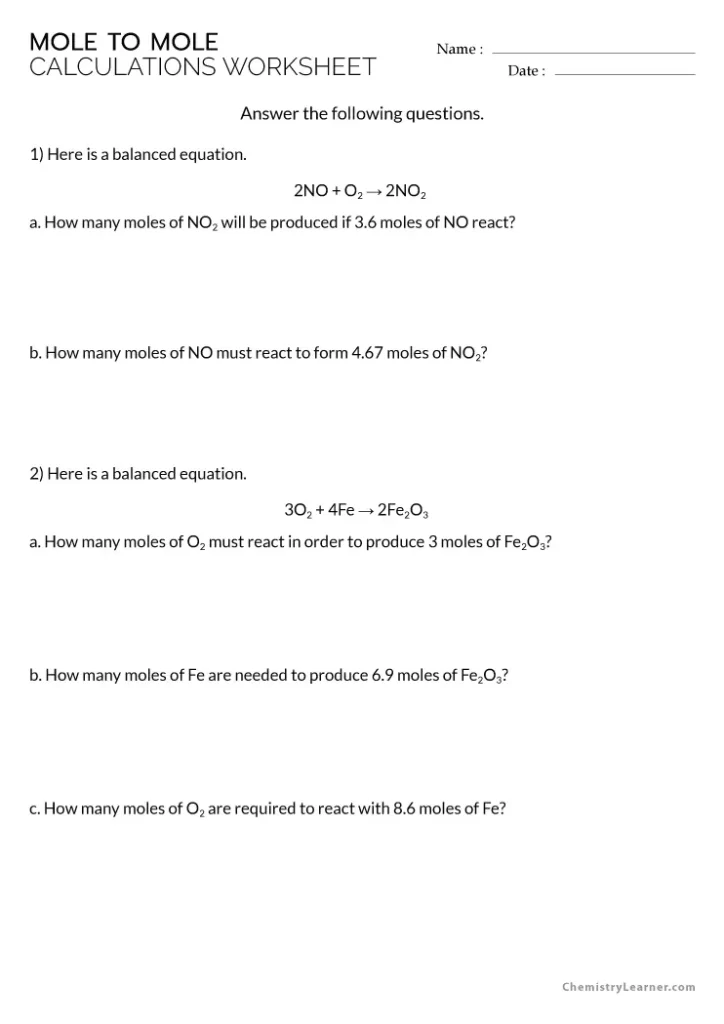 Mole to Mole Calculations Worksheet with Answers