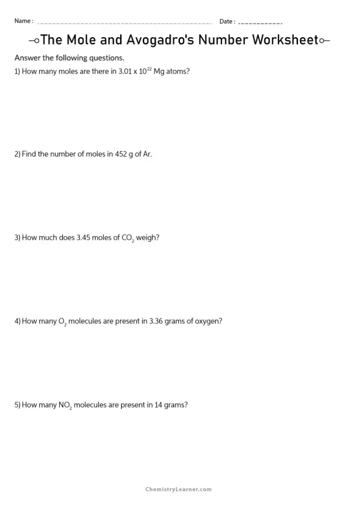 The Mole and Avogadro_s Number Worksheet with Answers